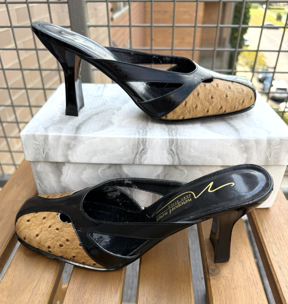 VTg Newport News Y2K Ostrich Print Leather Square Mule Heel 2 Tone Black Tan 8.5
